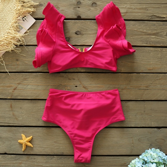Elegant Pink Ruffle Two Piece Bikini Set - Picture 6 of 16